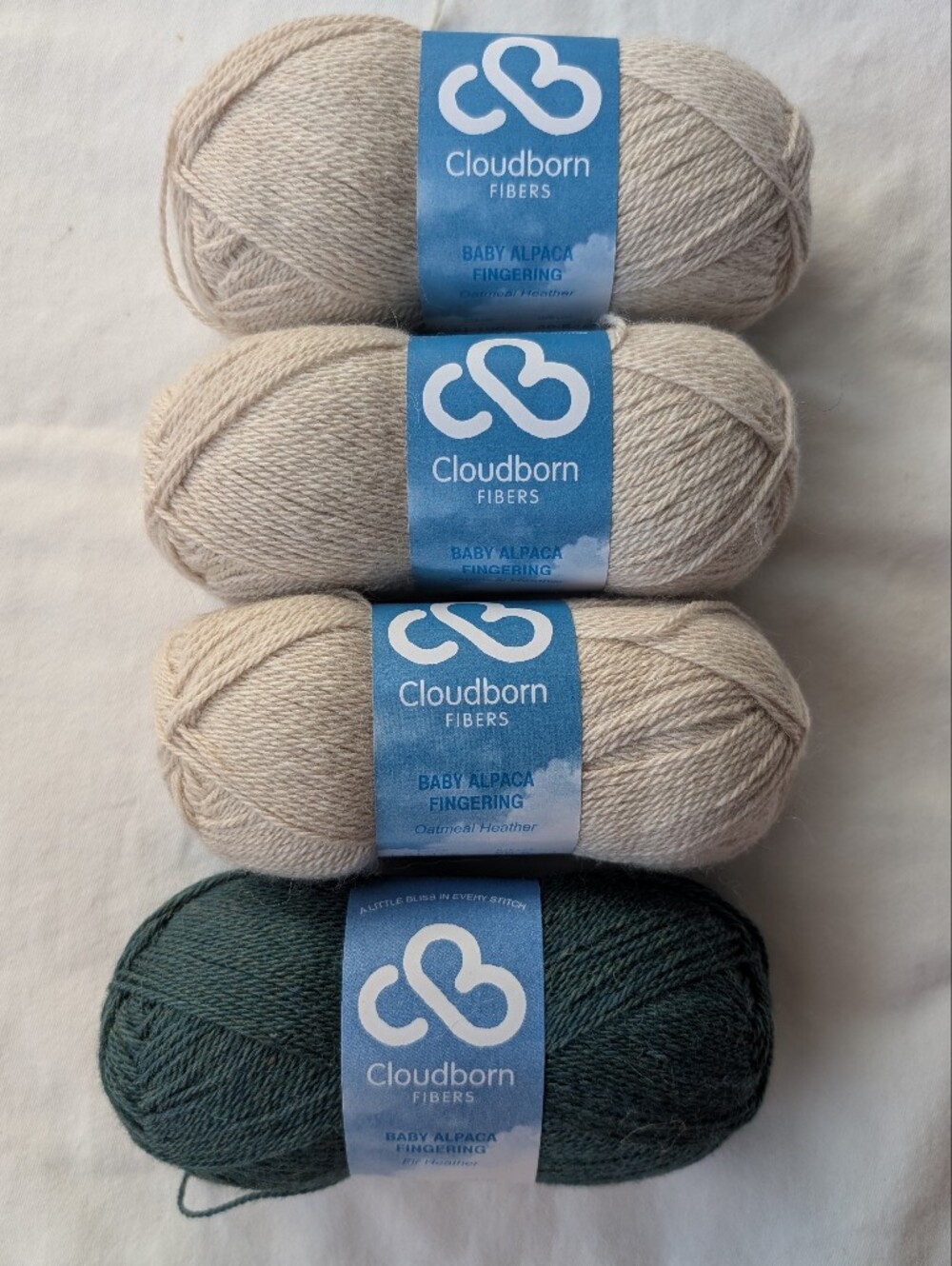 Cloudborn Fibers Baby Alpaca Fingerling Yarn - 1 Skein Green & 3 Skeins Cream